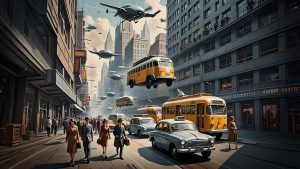Fiftirs retro sci-fi street scene - commuters, flying busses, drones