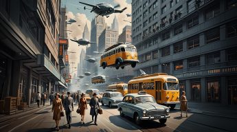 Fiftirs retro sci-fi street scene - commuters, flying busses, drones