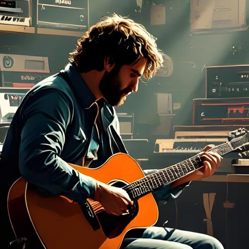 guitar-player, 30 years old, in his practice room
